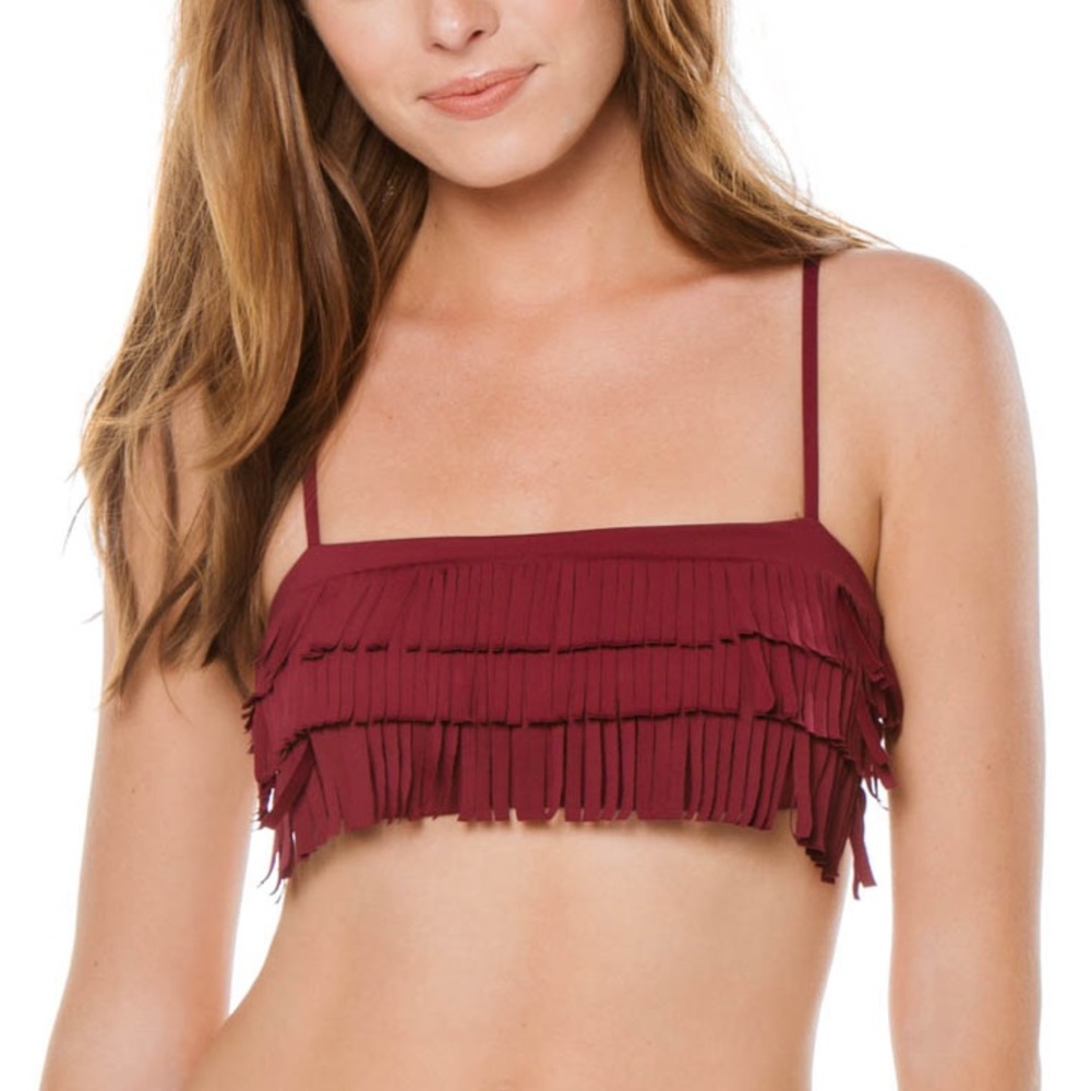 Becca Rebecca Virtue Fringe Solids Layered Fringe Bandeau Bikini Top SZ M NWOT